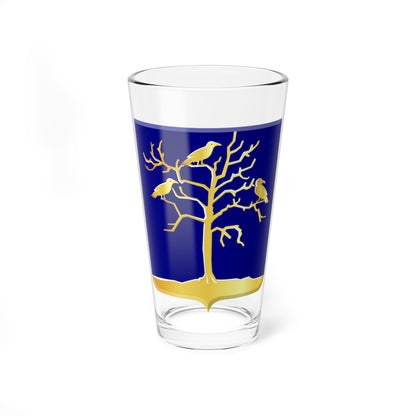 Navy heraldic shield with a bare gold tree whose branches hold three perched birds, rooted on a mound.