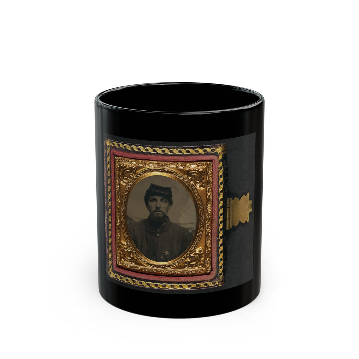Tintype portrait of a bearded man in a forage cap and dark jacket with a small cross insignia, in an ornate gold frame.