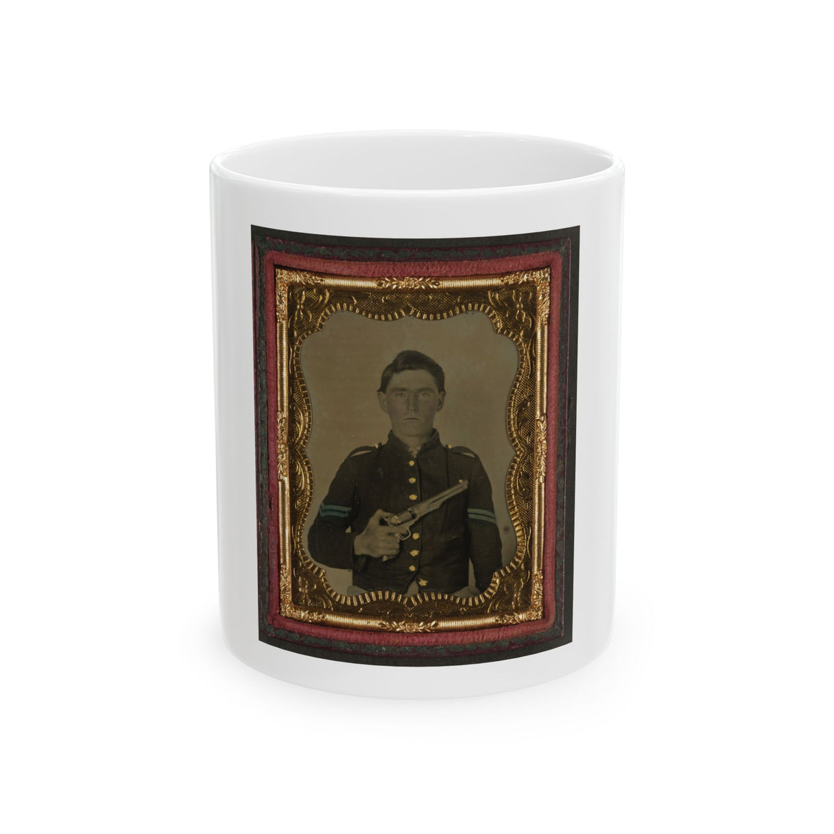 Unidentified Soldier In Union Corporal's Uniform Holding Colt Revolver To Chest (U.S. Civil War) White Coffee Mug