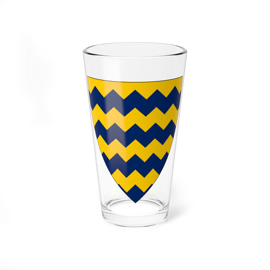 Heraldic shield filled with alternating horizontal gold and navy zigzag bands in flat vector style.