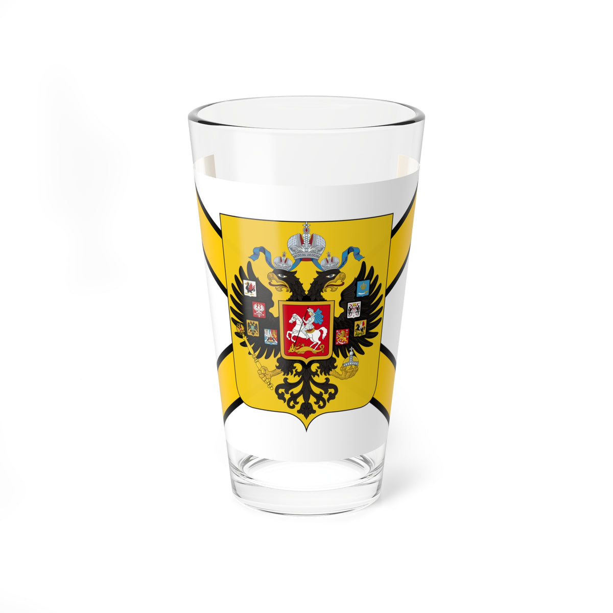 Historical Russian imperial flag with a black double-headed eagle, crowns and sceptre over a yellow shield.
