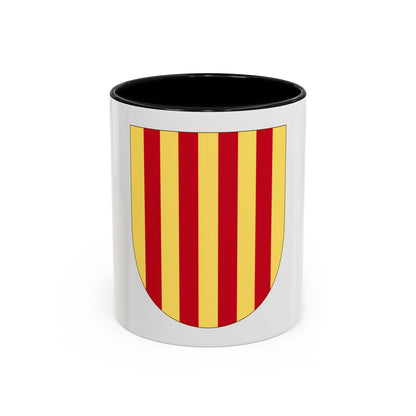 Heraldic shield divided into seven vertical stripes alternating between gold yellow and crimson.