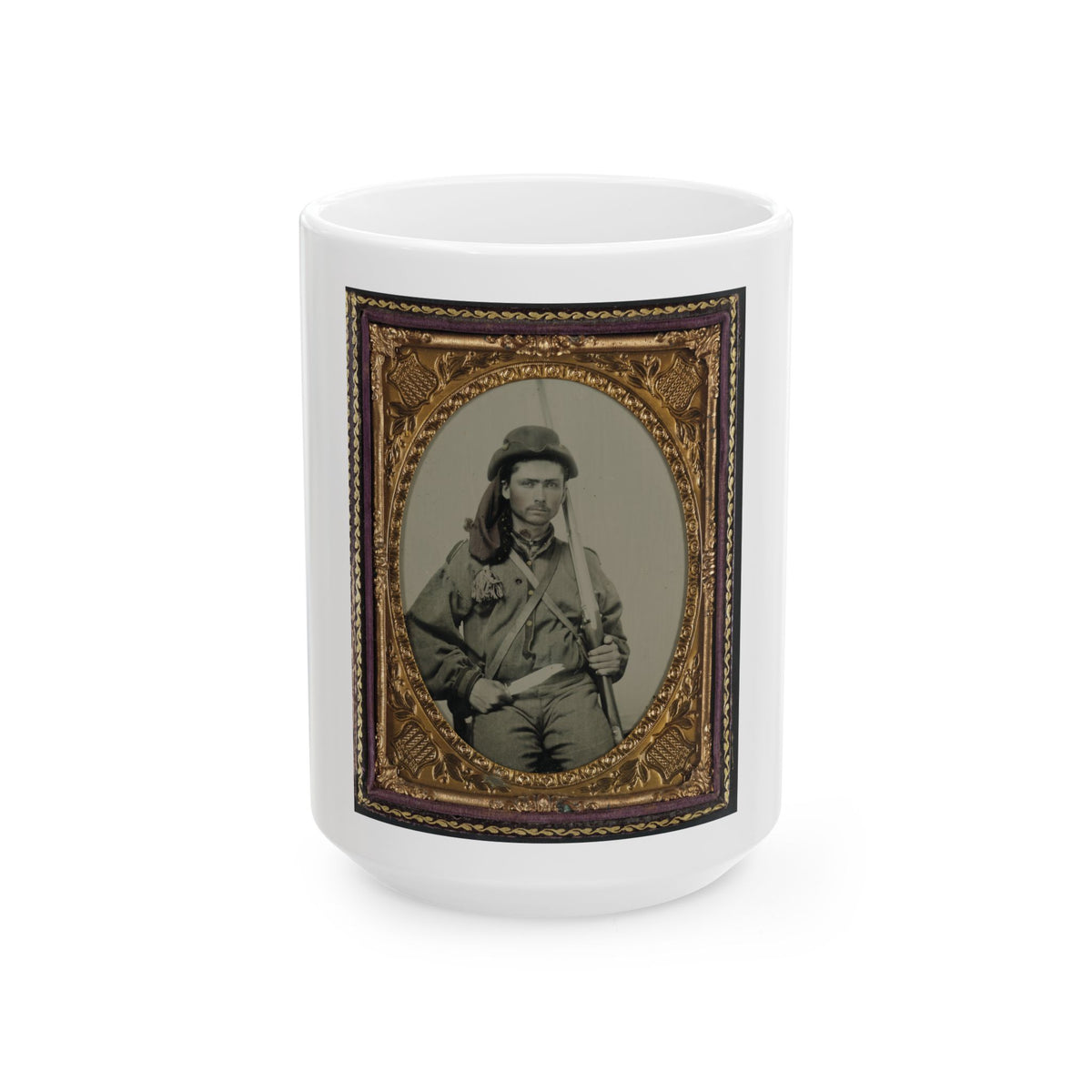 Unidentified Soldier In Confederate Infantry Uniform With Musket And Bowie Knife (U.S. Civil War) White Coffee Mug