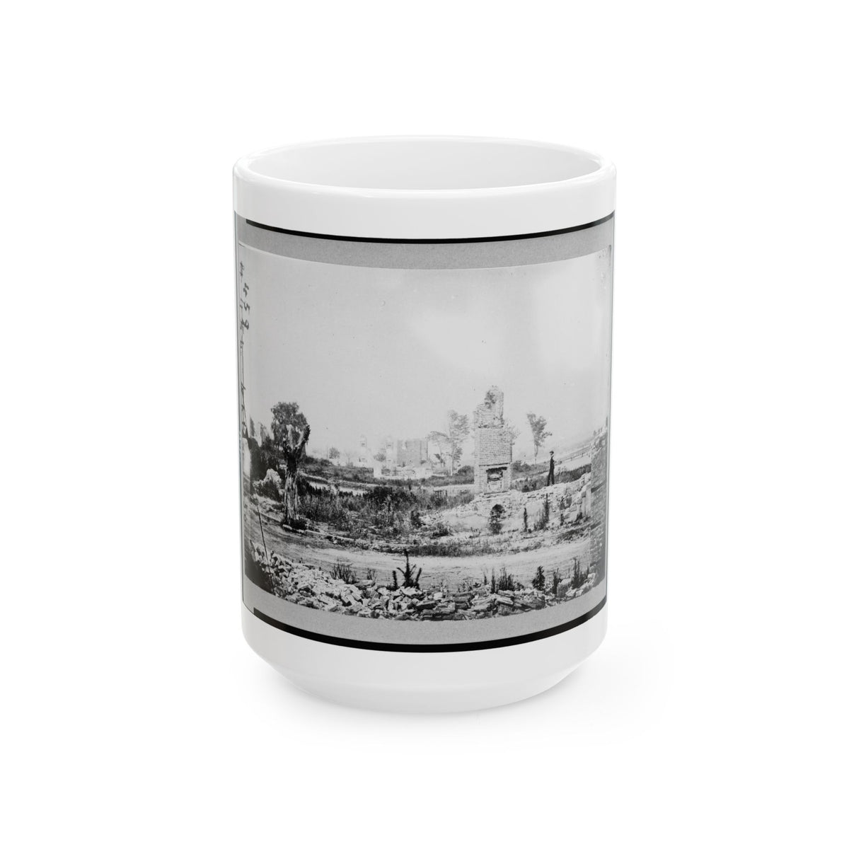 Ruins At Hampton, Virginia Showing Chimneys, And Man Standing (U.S. Civil War) White Coffee Mug