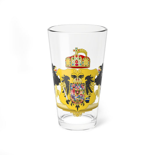 Gold heraldic coat of arms with a black double-headed eagle, two black griffins and a jewelled imperial crown.