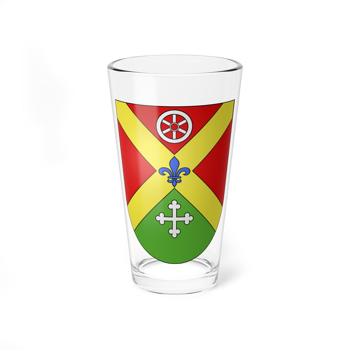 Heraldic shield split by a yellow saltire, with a white wheel, blue fleur-de-lis and silver cross.