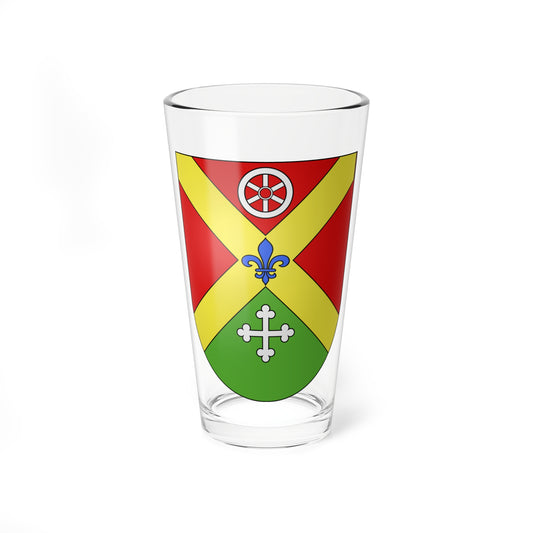 Heraldic shield split by a yellow saltire, with a white wheel, blue fleur-de-lis and silver cross.
