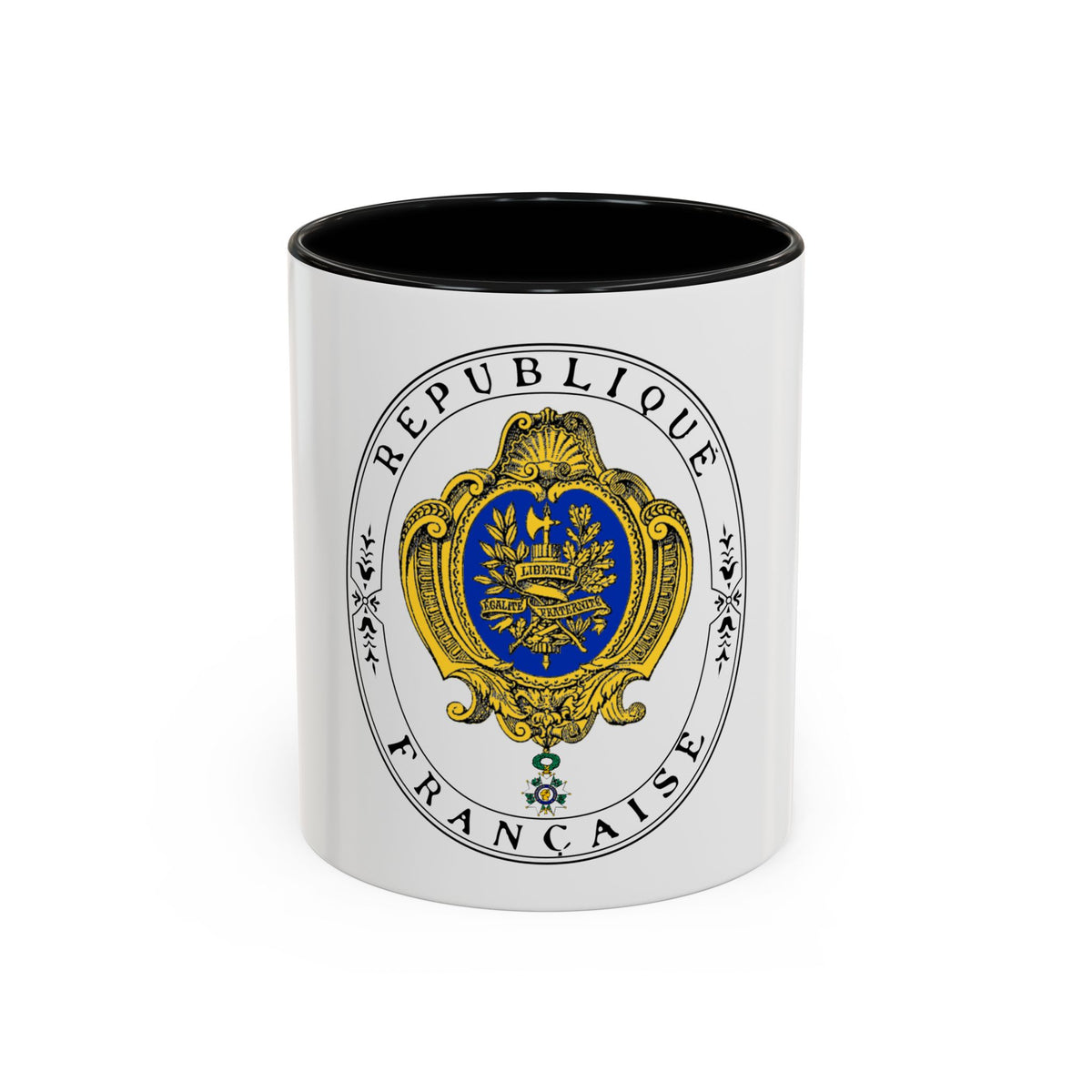 Gold and blue oval French state seal with laurel and oak branches and the motto Liberté, Égalité, Fraternité.
