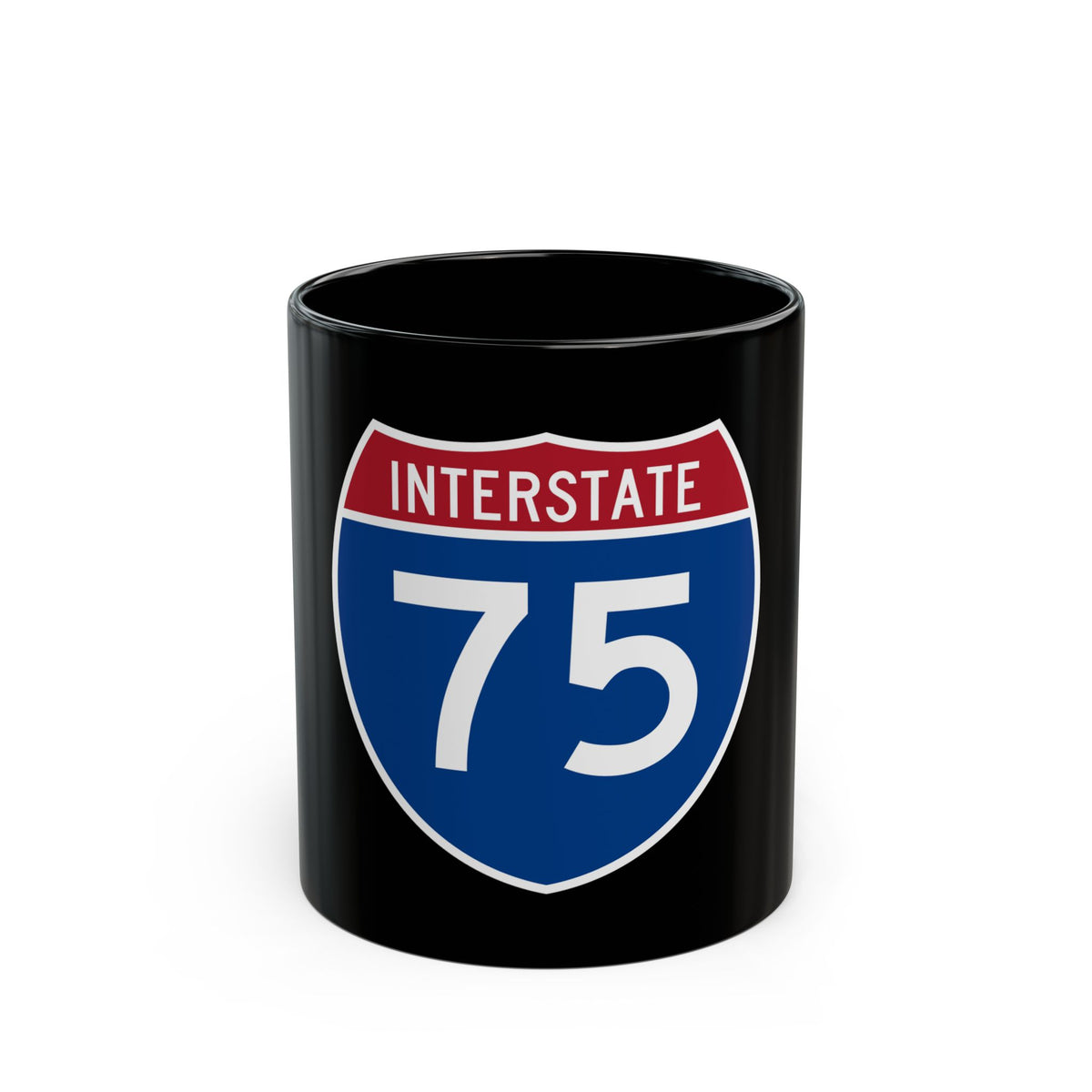 Flat vector US Interstate 75 route shield: white INTERSTATE above the number 75, set on navy blue.