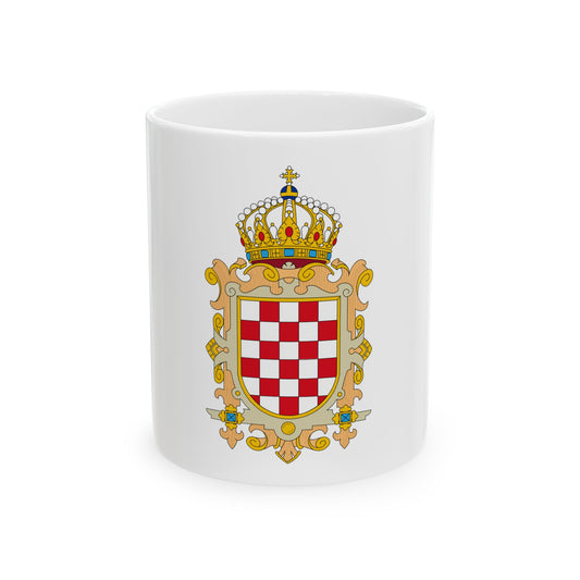 Red and white checkerboard heraldic shield under a gold jeweled crown, framed by ornate scrollwork.