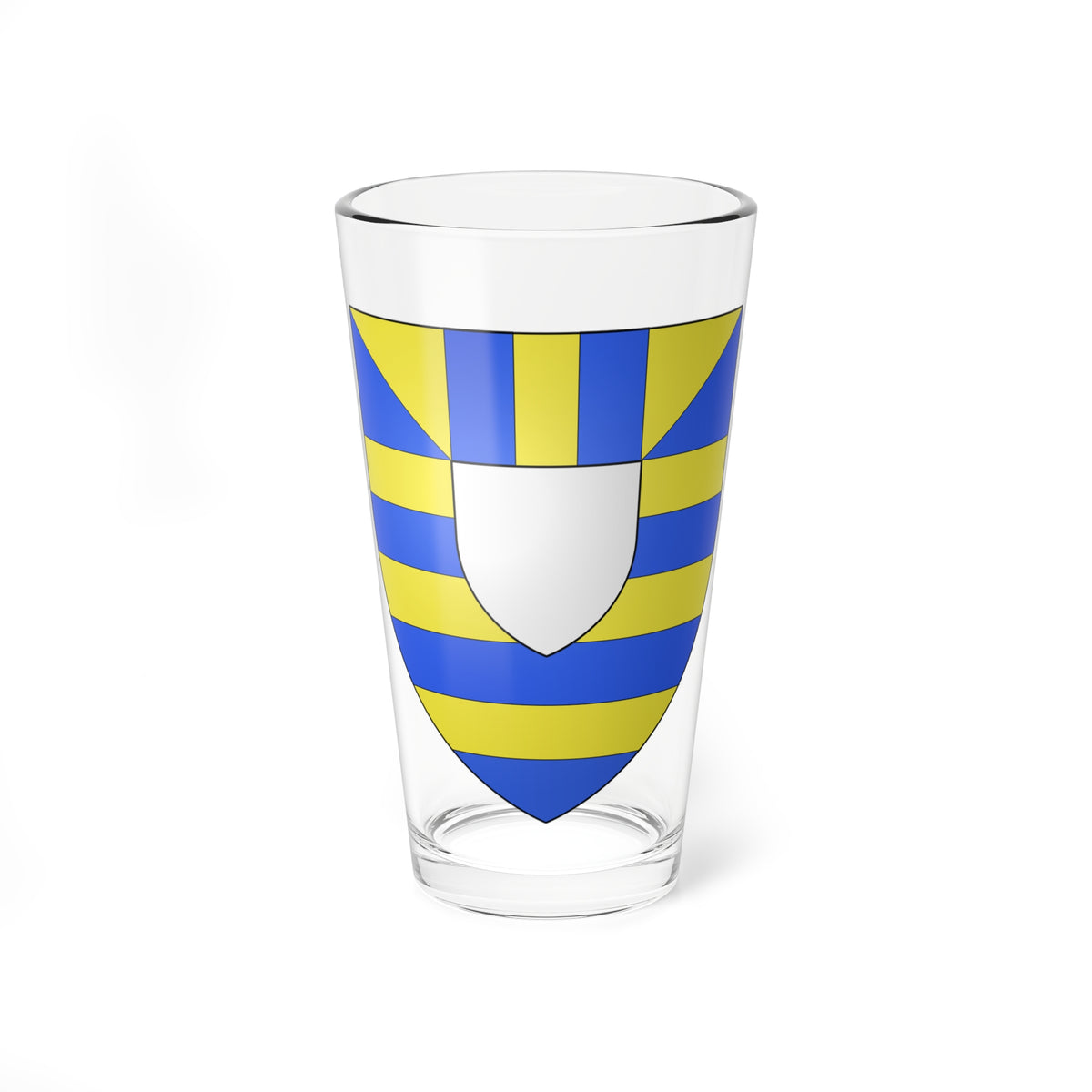 Heraldic shield of alternating blue and gold horizontal bands with a white inescutcheon at the centre.