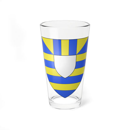 Heraldic shield of alternating blue and gold horizontal bands with a white inescutcheon at the centre.