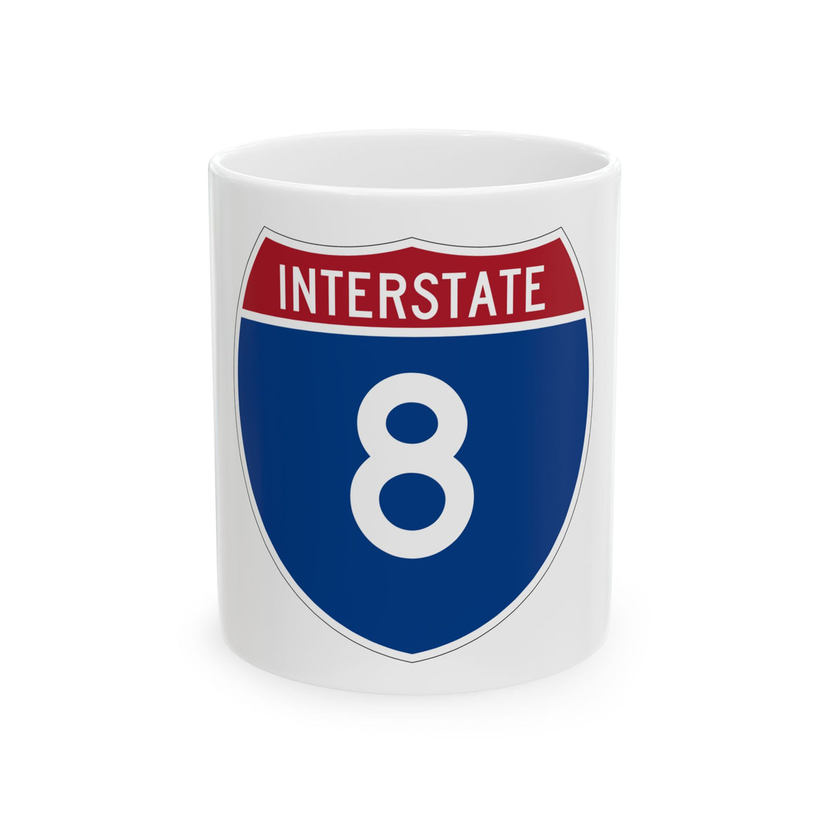 Flat vector US Interstate 8 route shield with a red top band reading INTERSTATE and white numerals 8 on navy.
