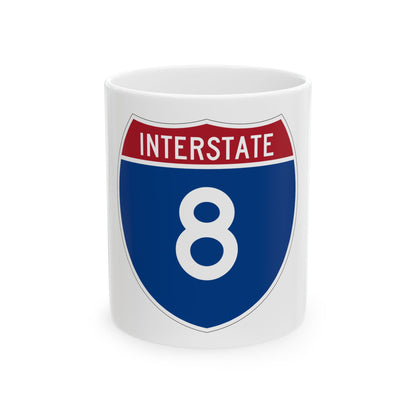Flat vector US Interstate 8 route shield with a red top band reading INTERSTATE and white numerals 8 on navy.