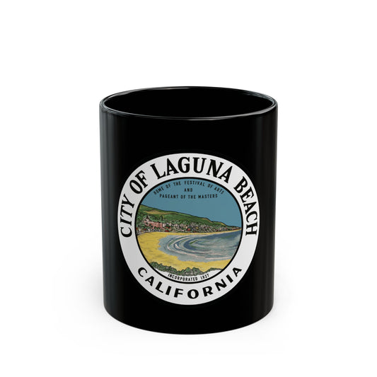Round badge with a painted coastal town, sandy beach and bay, ringed by lettering for Laguna Beach, California.