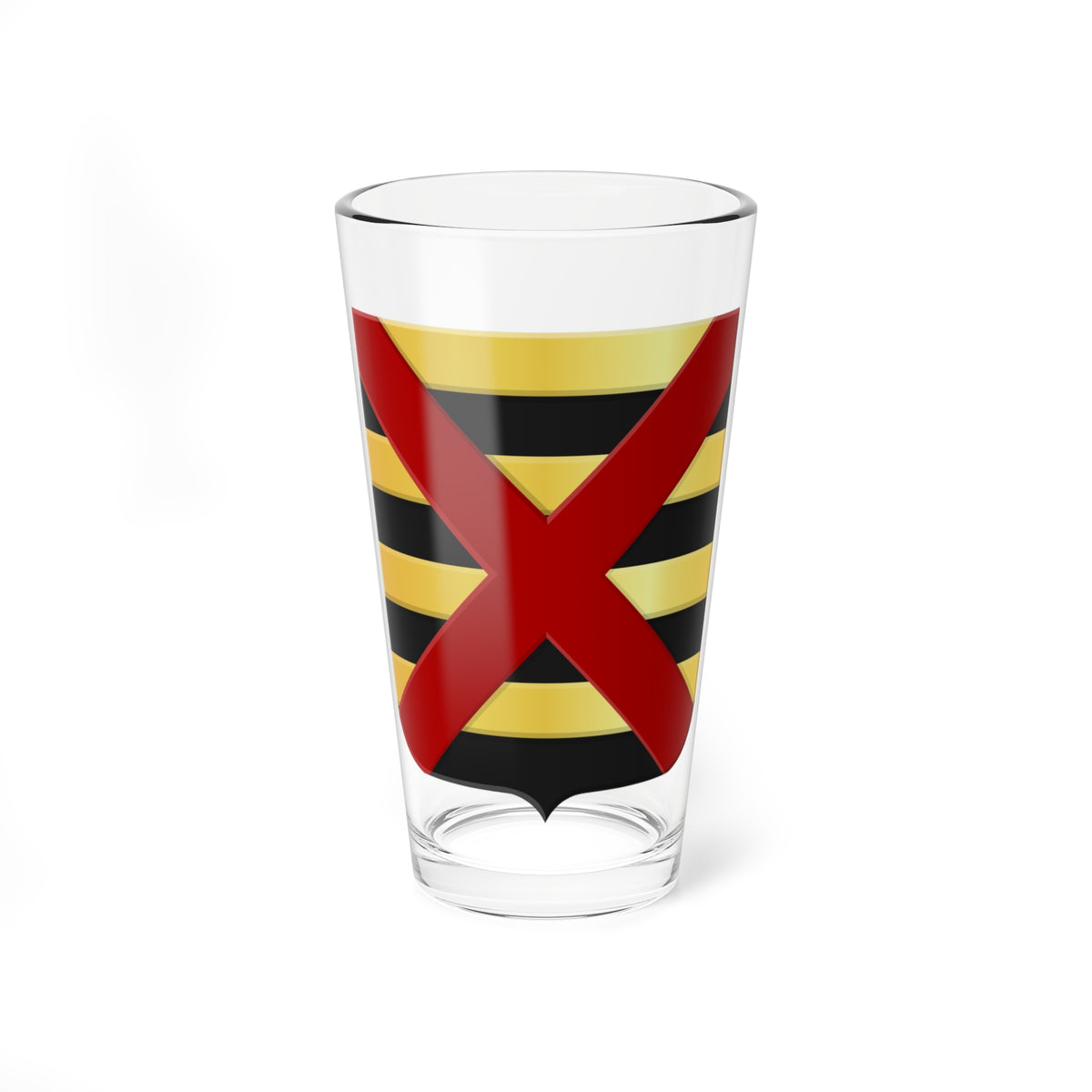 Bold red saltire cross over a shield of alternating gold and black horizontal bars.