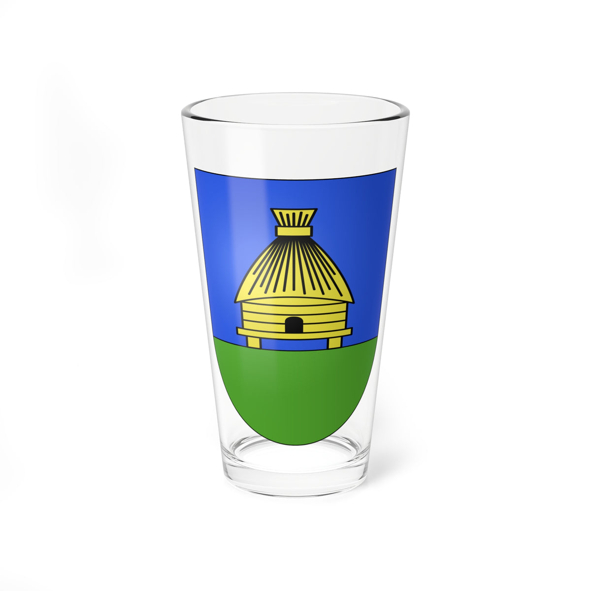 Blue and green heraldic shield with a yellow thatched granary raised on stilts above a green base.