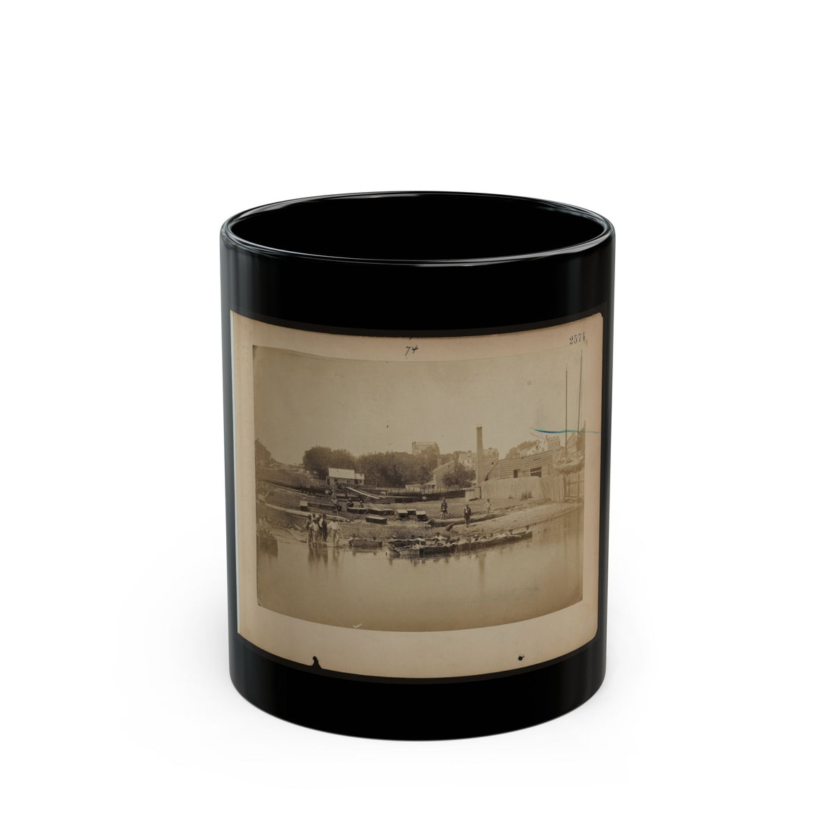 Military Construction In Northern Virginia  Men Sitting In Blanket Boats Strapped Together On The Potomac River (U.S. Civil War) Black Coffee Mug