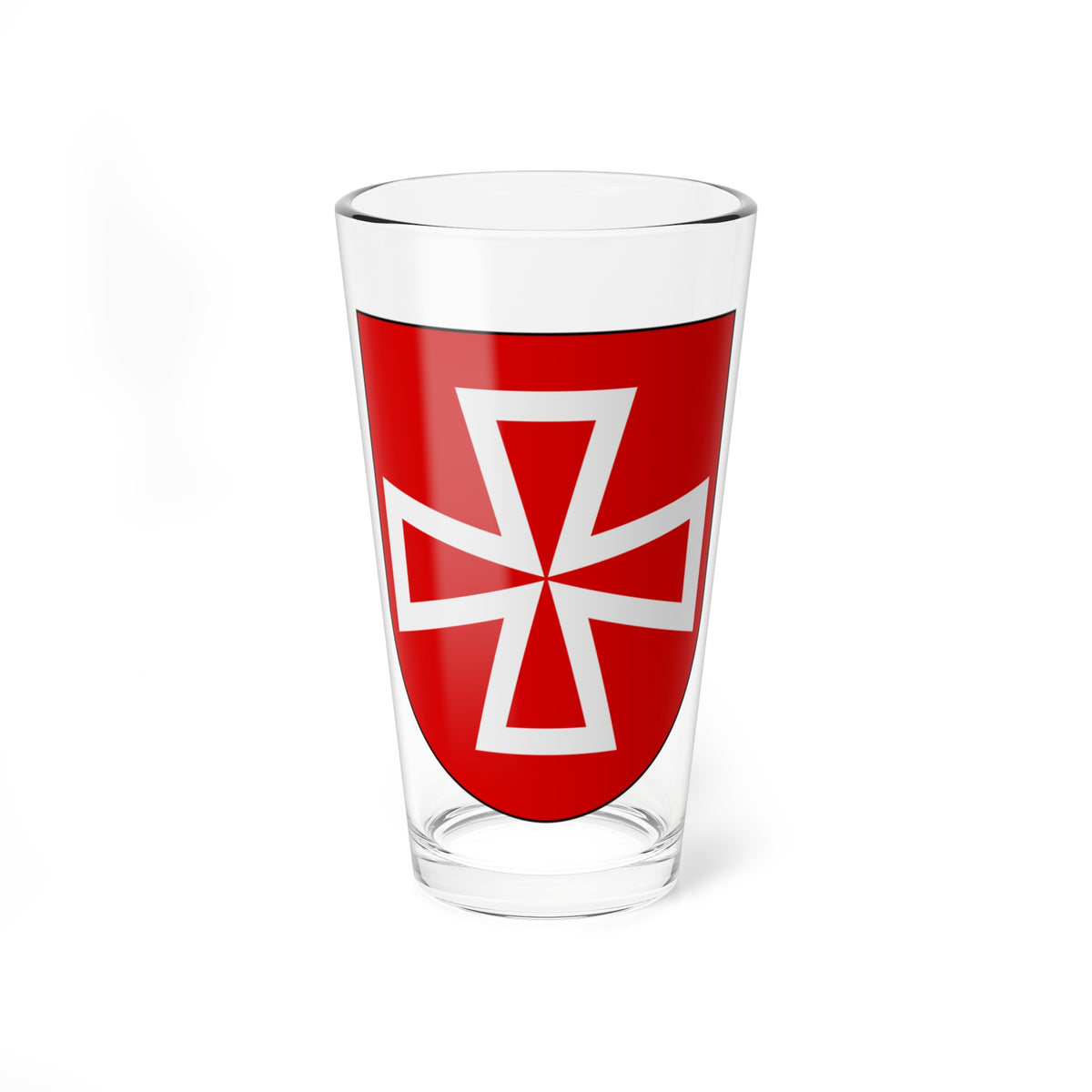 White outlined flared cross centred on a solid red heraldic shield in flat vector style.