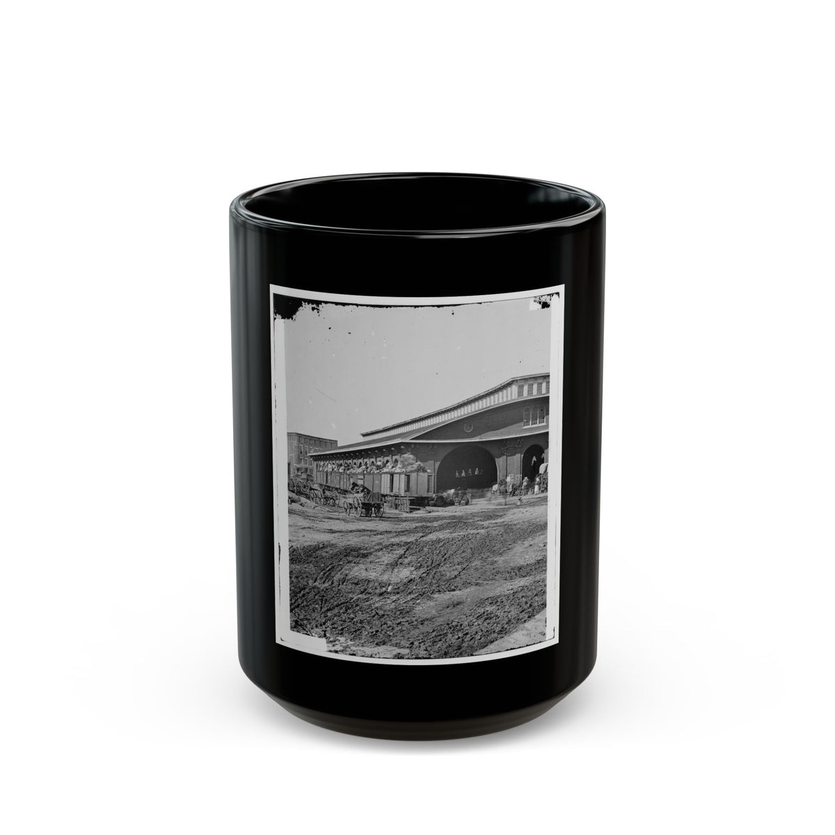 Atlanta, Ga. Boxcars With Refugees At Railroad Depot (U.S. Civil War) Black Coffee Mug