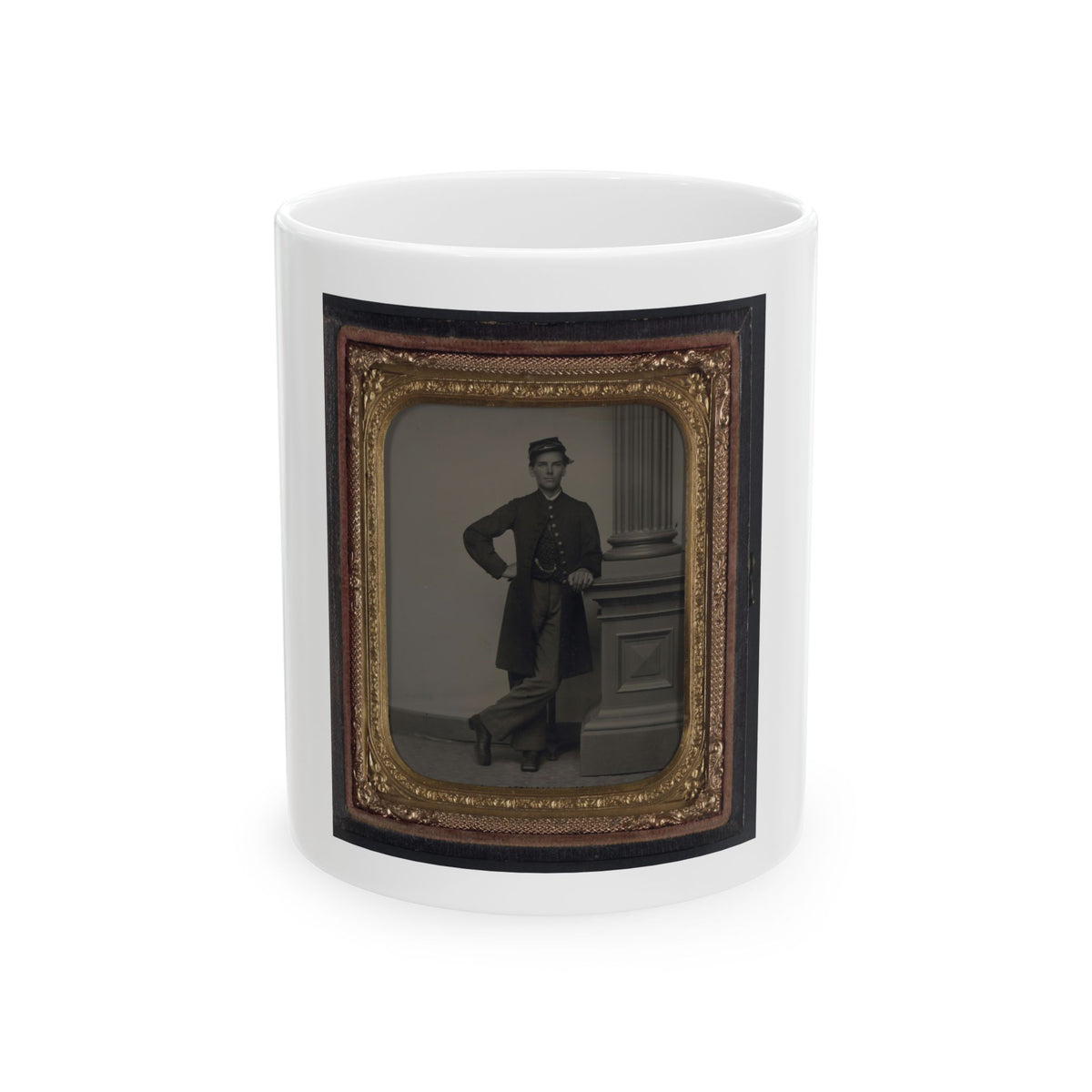 Unidentified Soldier In Union Uniform In Front Of Posing Stand And Leaning Against Column (U.S. Civil War) White Coffee Mug