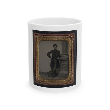 Unidentified Soldier In Union Uniform In Front Of Posing Stand And Leaning Against Column (U.S. Civil War) White Coffee Mug