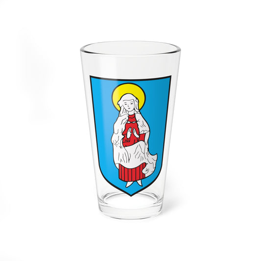 Blue heraldic shield with a haloed female figure in a white mantle and red gown, hands clasped in prayer.