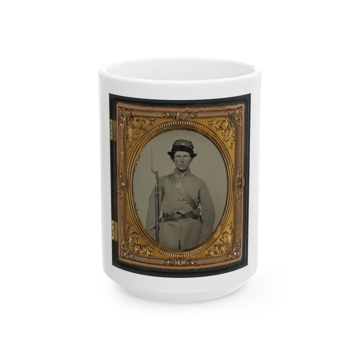 Unidentified Soldier In New Hampshire Uniform And Co. D Whipple Hat With Bayoneted Musket And Revolver (U.S. Civil War) White Coffee Mug
