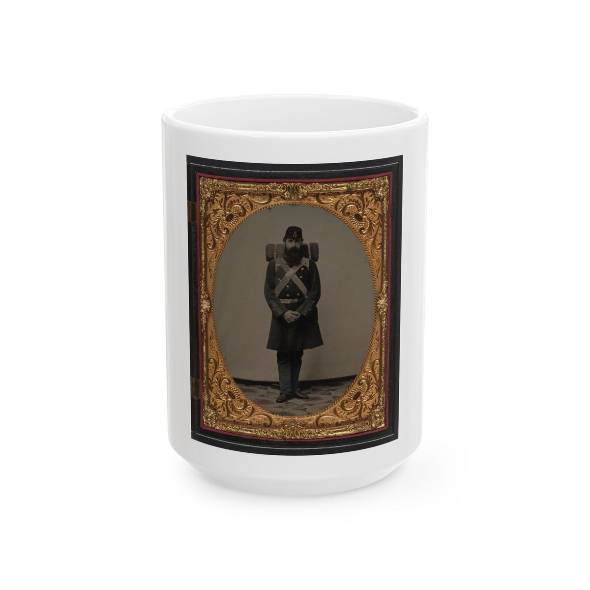 Unidentified Soldier In Union Frock Coat And Company C, 71st Regiment Forage Cap With Knapsack And Bedroll (U.S. Civil War) White Coffee Mug