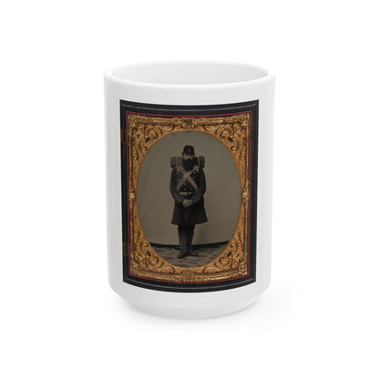 Unidentified Soldier In Union Frock Coat And Company C, 71st Regiment Forage Cap With Knapsack And Bedroll (U.S. Civil War) White Coffee Mug