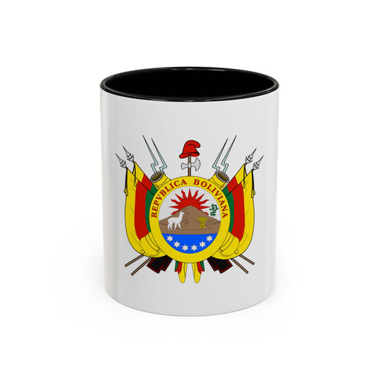 Yellow oval framing a white llama, rising sun, mountain and five stars, set among flags, spears and cannons.