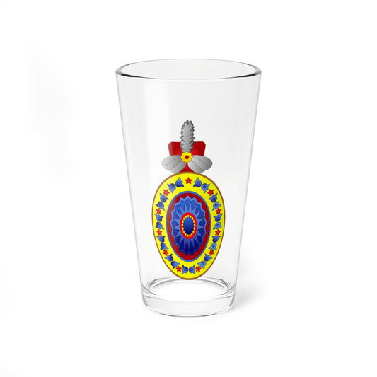 Oval yellow, blue and red medallion with a central rosette, blue tulips, red stars and a grey plume on top.