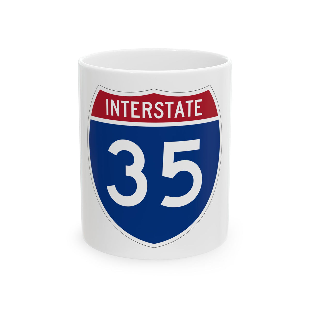 Flat vector Interstate 35 highway shield, navy with a crimson band reading INTERSTATE and white number 35.