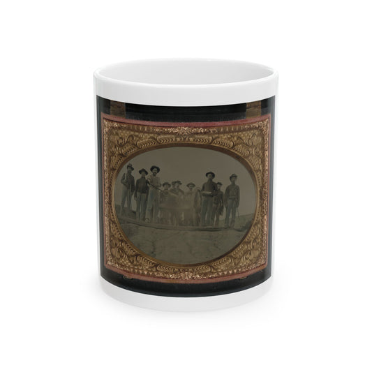 Sepia tintype of about ten men in hats and jackets, set in an ornate gilt oval frame inside a velvet-lined case.