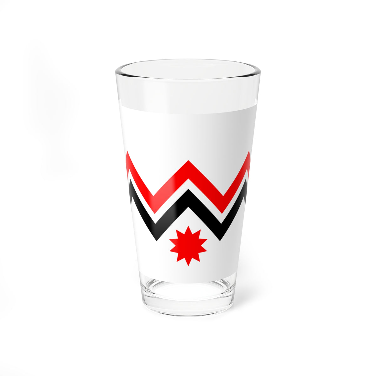 Two parallel zigzag bands, one red and one black, above a small red star on a white field.
