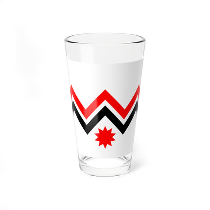 Two parallel zigzag bands, one red and one black, above a small red star on a white field.