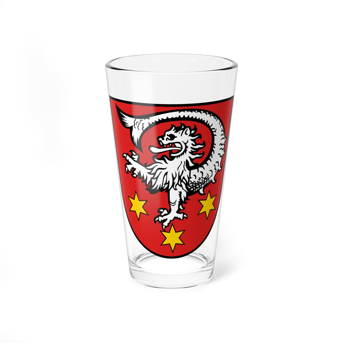 White rampant beast with a long curled tail above yellow six-pointed stars on a red heraldic shield.