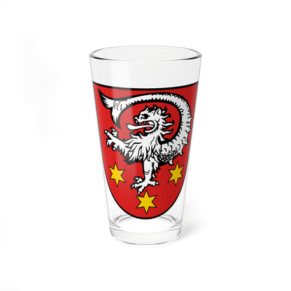 White rampant beast with a long curled tail above yellow six-pointed stars on a red heraldic shield.