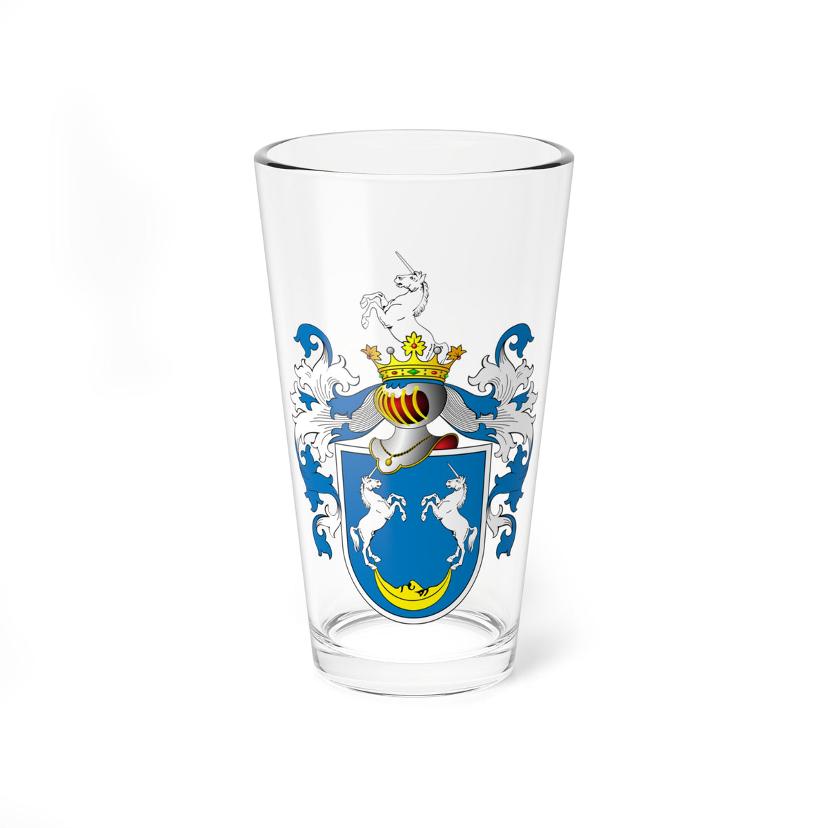 Blue heraldic shield with two white unicorns above a gold crescent, under a helm, gold crown and unicorn crest.