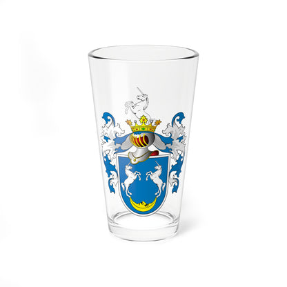 Blue heraldic shield with two white unicorns above a gold crescent, under a helm, gold crown and unicorn crest.