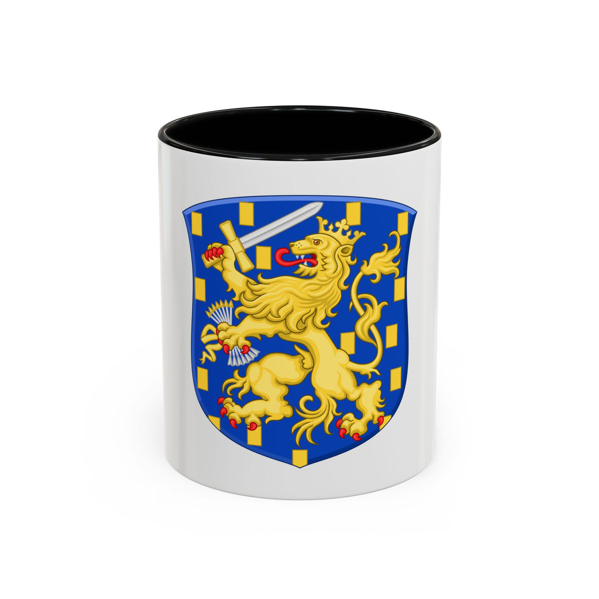 Gold crowned lion holding a sword and arrows, standing on a blue heraldic shield dotted with gold rectangles.