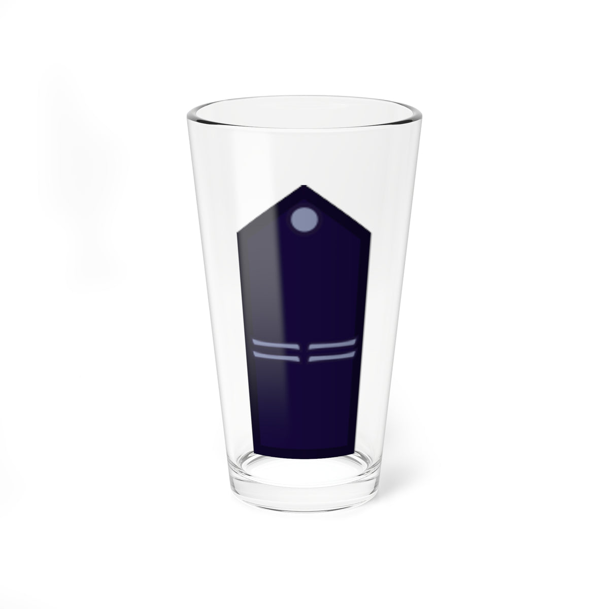 Dark navy pointed shoulder board with two pairs of light grey curved bars across the lower half and a round button.