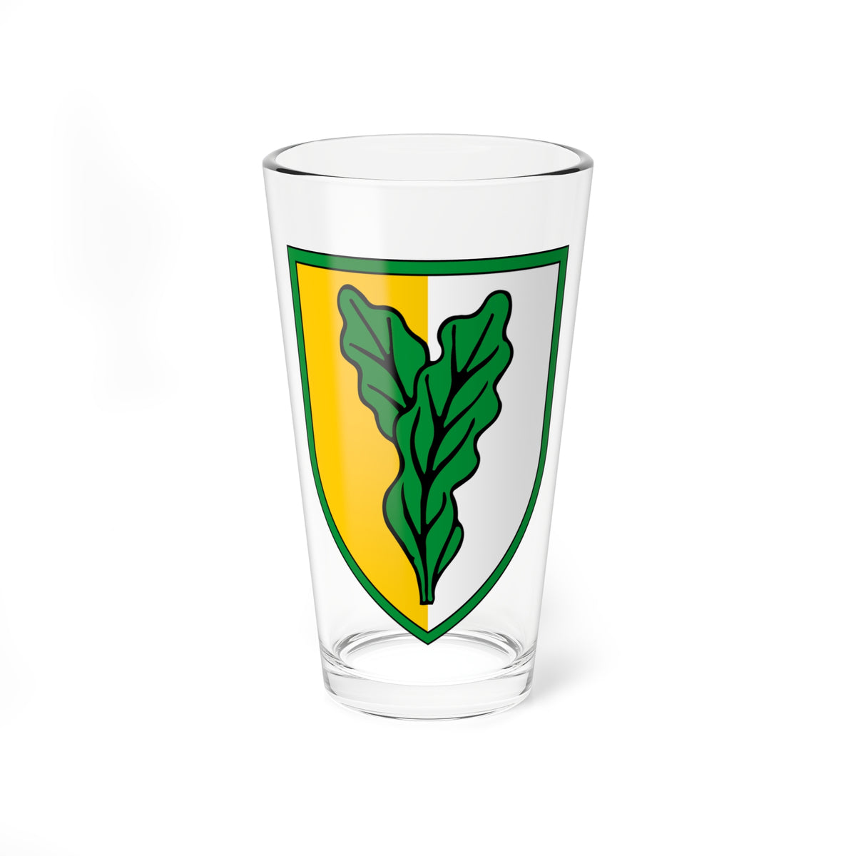 Green oak branch with lobed leaves over a gold and white split heraldic shield edged in green.