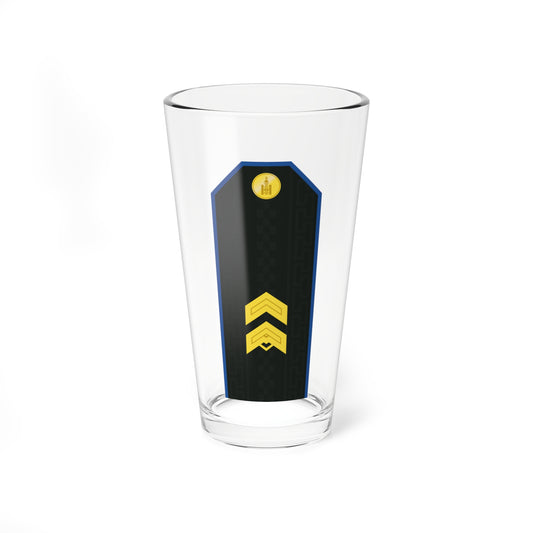 Black military shoulder board with blue edging, a gold national emblem at the top and two gold chevrons near the bottom.
