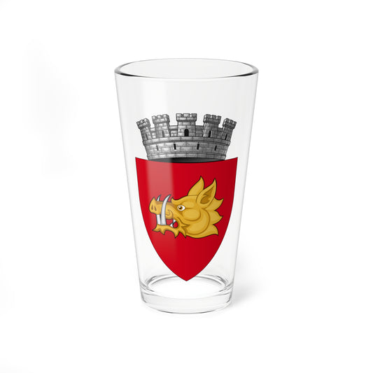 Golden boar head with silver tusks on a red heraldic shield topped by a grey stone castle with crenellated towers.