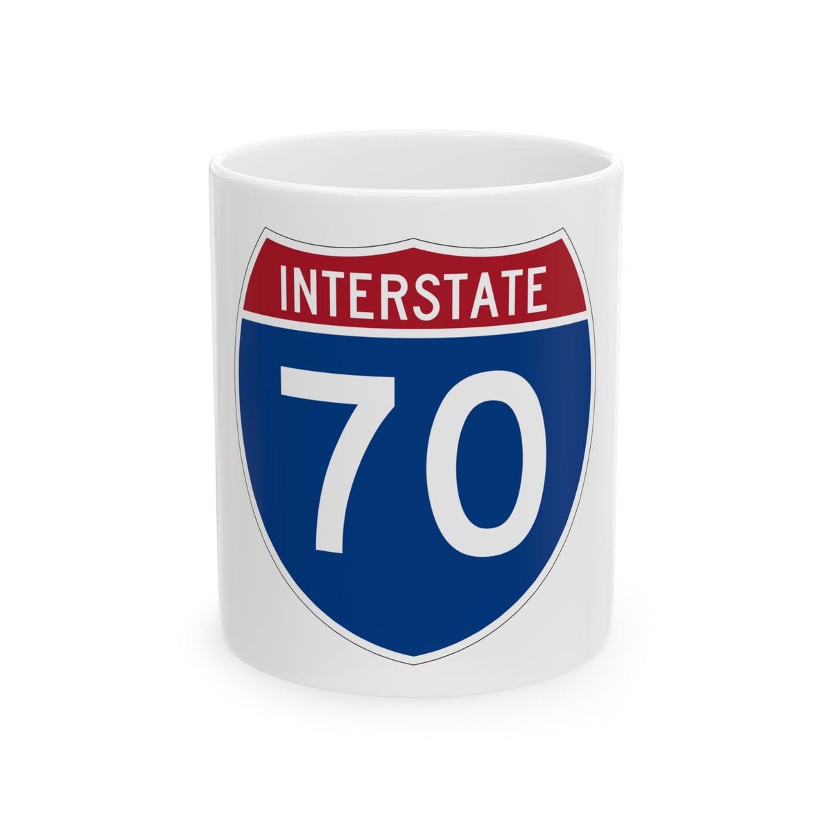 Flat vector US Interstate 70 highway shield with white INTERSTATE lettering above the number 70 on a navy blue field.