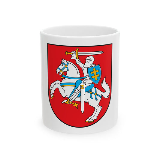Armoured knight on a rearing white horse raising a sword, carrying a blue shield with a gold cross on red.