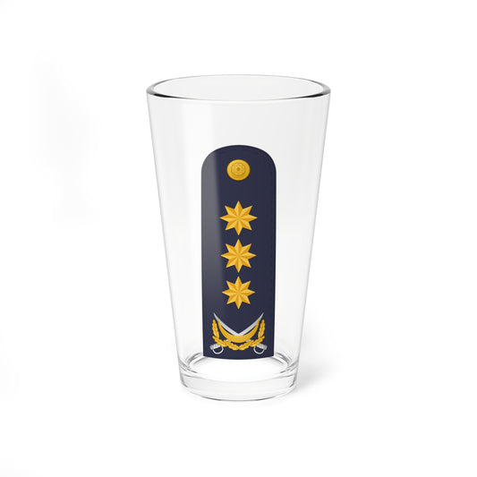 Tapered navy shoulder board with three gold eight-pointed stars, a gold crescent with crossed sabres and a round badge.