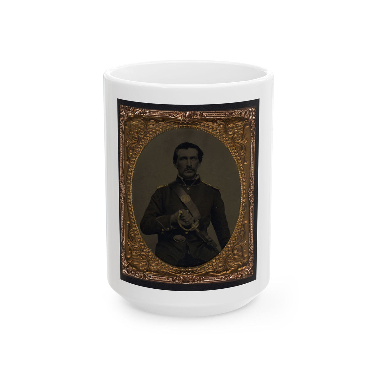Unidentified Soldier In Union Uniform And Shoulder Scales With Model 1860 Field And Staff Officer's Sword (U.S. Civil War) White Coffee Mug