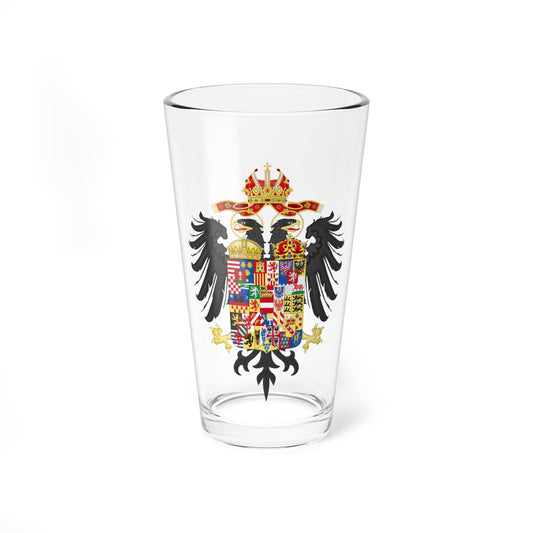 Black double-headed imperial eagle above two crowns and a large shield of many quarterings with lions and castles.